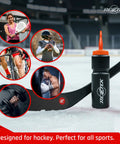 Hockey Hydration Bottle With Long Spout For Fast Sips 25 Oz Bio Based Plastic Sports Bottle on ice rink with sports scenes.