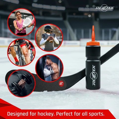 Hockey Hydration Bottle With Long Spout For Fast Sips 25 Oz Bio Based Plastic Sports Bottle on ice rink with sports scenes.