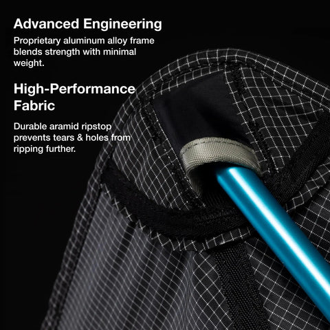 Ultralight Backpacking Camp Chair with DAC aluminum frame and durable ripstop fabric, advanced engineering detail.