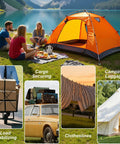 Camping scene with orange tent near lake, and images of cargo securing, load stabilizing, and clotheslines, highlighting versatility.