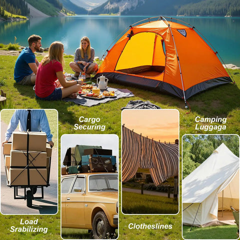 Camping scene with orange tent near lake, and images of cargo securing, load stabilizing, and clotheslines, highlighting versatility.