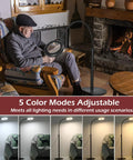Man using 8X Magnifying Glass With Light On A Stand by fireplace, showing 24-inch gooseneck and adjustable color modes.