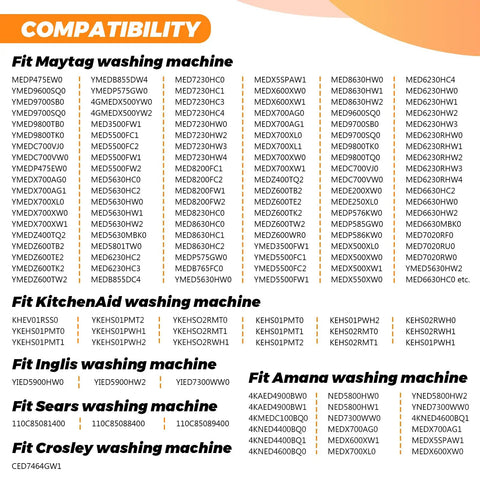Compatibility list for Upgrade Dryer Heating Element Kit WP3387747 showing various Maytag and other brands' washer models.