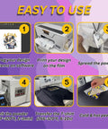 DTF Transfer Film 13 X 19 Inches A3 Plus showing step-by-step heat transfer process on dark fabric.