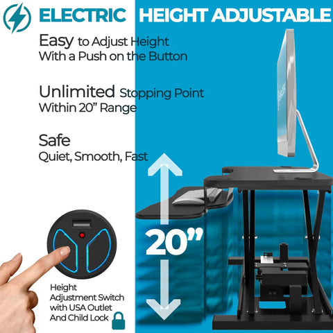 PowerPro 36 Inch Electric Standing Desk Converter with height adjustment button and dual monitor setup, black