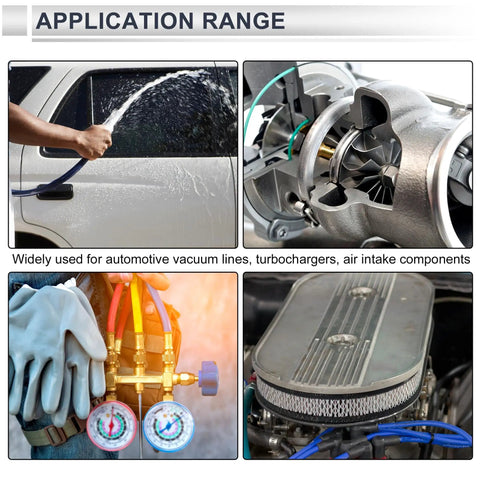 Application range of Universal Silicone Vacuum Hose For Automotive Use High Temperature 3.3 Ft Long 12mm ID 3mm Wall Thickness 18mm Outer Diameter 130 PSI Max Black Vacuum Line for vacuum lines, turbos, and air intake components.