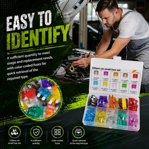 Heavy Duty Auto Blade Fuse Assortment Kit With Reliable Voltage Tester And Slip Proof Removal Pliers includes color-coded fuses in a 120-piece set.