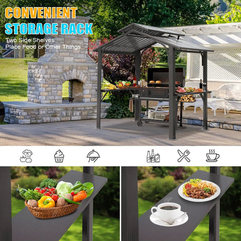 Outdoor 8x5Ft hardtop grill gazebo with double galvanized steel roof, two side shelves, and ceiling hooks set in a garden.