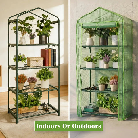 4 Tier Mini Greenhouse For Indoor And Outdoor Use With 24lbs Per Shelf, Portable No Fuss Assembly, Durable PE Cover, Grab And Go Setup For Balcony Patio Backyard Garden, Great For Herbs Vegetables And Seedlings