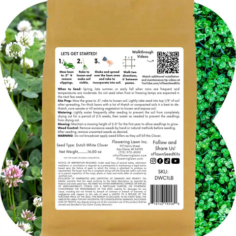 Package of White Dutch Clover Seed Kit 1 Lb Organic Coated Ground Cover For Natural Lawn And Food Plot with instructions