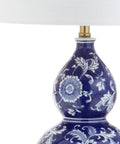 Close-up of 27 Inch Blue White Ceramic Chinoiserie Table Lamp With Floral Double Gourd Vase Design, White Linen Drum Shade, Brass Gold Base