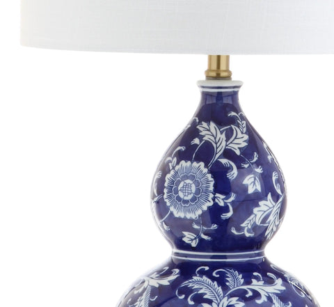 Close-up of 27 Inch Blue White Ceramic Chinoiserie Table Lamp With Floral Double Gourd Vase Design, White Linen Drum Shade, Brass Gold Base