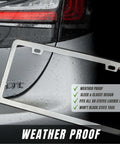 Stainless Steel License Plate Frame Set With Chrome Screw Caps Slim 2 Hole Design Rustproof Mirror Silver Finish next to car