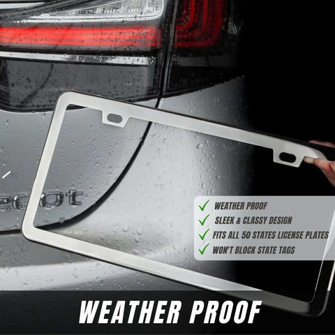 Stainless Steel License Plate Frame Set With Chrome Screw Caps Slim 2 Hole Design Rustproof Mirror Silver Finish next to car