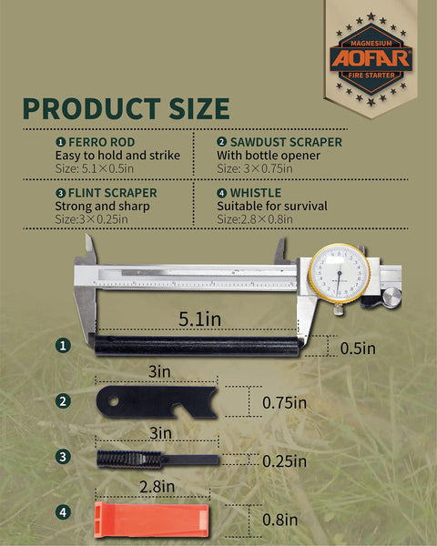 Survival Fire Starter Kit With 5.1 Inch Ferro Rod, Dual Fire Strikers, 80dB Survival Whistle, Paracord Lanyard, And Sawdust Scraper size chart