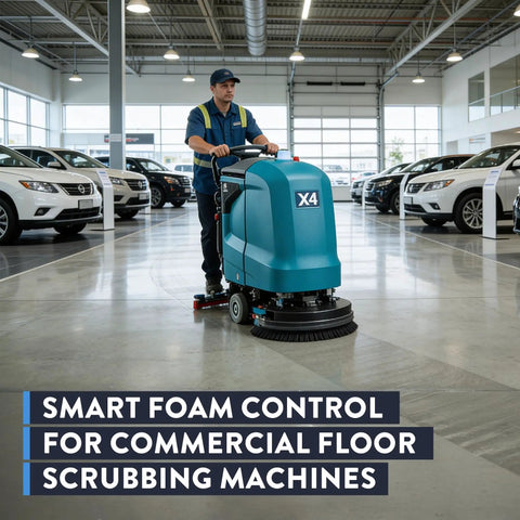 Worker using X4 commercial floor scrubbing machine for cleaning concrete floors with Kick Ass Heavy Duty Low Foam Auto Floor Cleaner Industrial Strength Concentrate Deep Cleaning Solution Works Hard On Grease And Dirt On Concrete Floors No Streaks Or Residue Quick Dilution For Commercial Scrubbers.