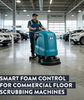 Heavy Duty Low Foam Auto Floor Cleaner in use with an auto scrubber, showing deep cleaning power on concrete floors.