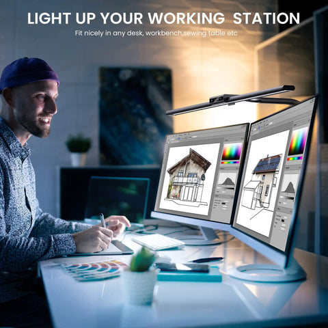 Designer at desk using Lit 26 Inch LED Desk Lamp For Home Office With Wide Beam And Flexible 180 Degree Gooseneck Clamp Light for drafting work