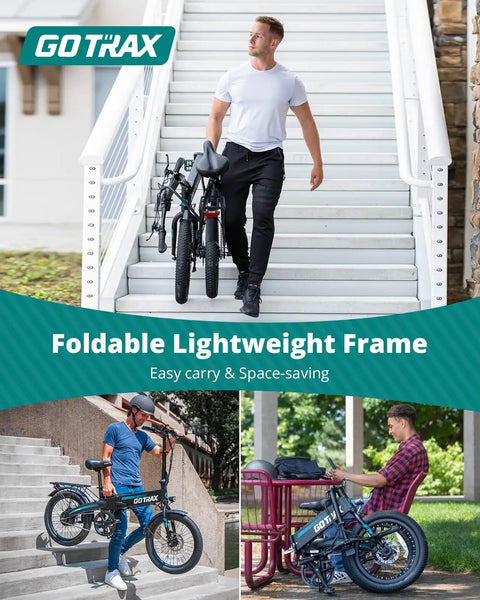 Man carrying Foldable 20 Inch Electric Bike With 48V Battery up stairs, focused on lightweight foldability and portability.