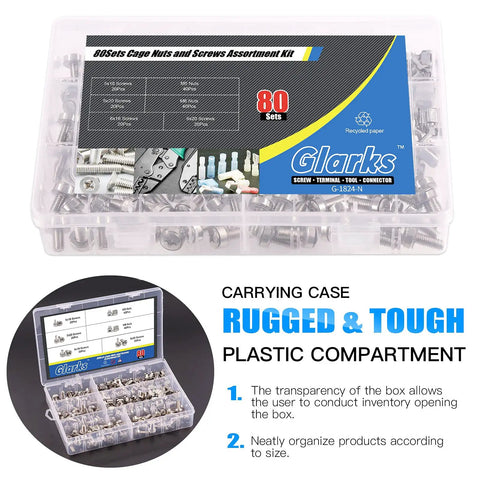 Rock Solid Heavy Duty M5 And M6 Cage Nut Screw Kit With Washers Square Hole Rack Mount Hardware For Server Cabinets Top Shelf 160 Piece Kit For Tech Pros in clear carrying case.