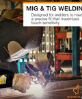 Welder using Goatskin Leather TIG Welding Gloves With ParaActiv Liner for 360 Degree Cut Protection in an industrial setting