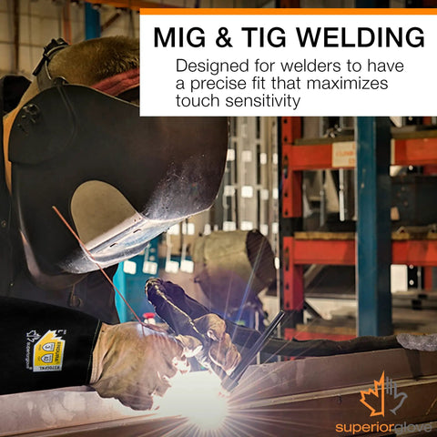 Welder using Goatskin Leather TIG Welding Gloves With ParaActiv Liner for 360 Degree Cut Protection in an industrial setting