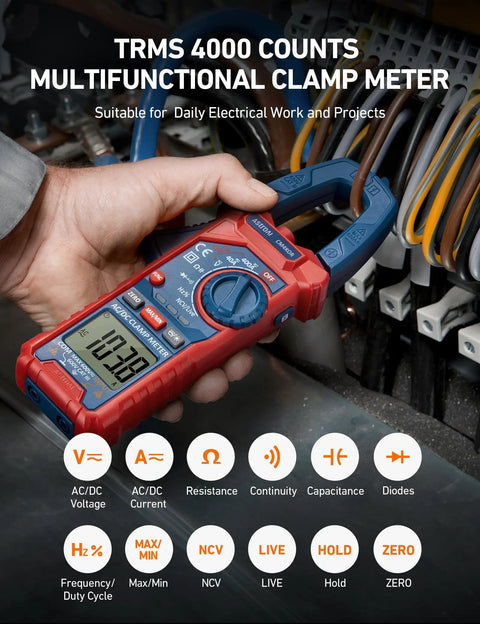 Handy Digital Clamp Meter Multimeter Auto Ranging 4000 Counts for AC DC Voltage and Current displayed with features