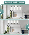 Legit Top Tier Four Light Vanity Mirror Fixture Featuring Brushed Nickel Wall Sconces With Milky White Frosted Glass Panels, reversible mounting options.