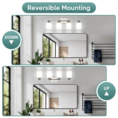 Legit Top Tier Four Light Vanity Mirror Fixture Featuring Brushed Nickel Wall Sconces With Milky White Frosted Glass Panels, reversible mounting options.