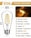 Old-School Edison Style LED Bulbs 7W Dimmable ST58, E26 Base, Product Information Chart and Warm White Light Display