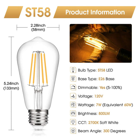 Old-School Edison Style LED Bulbs 7W Dimmable ST58, E26 Base, Product Information Chart and Warm White Light Display