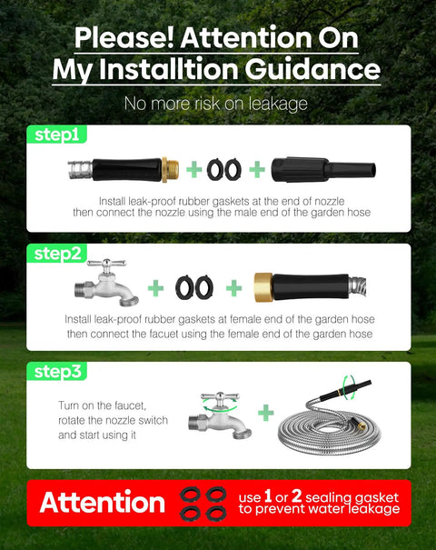 Installation guide for Durable 10 Ft Stainless Steel Garden Hose With No Kink Design, showing steps and gasket use.