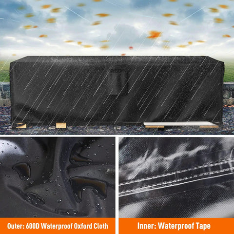All Weather Outdoor Furniture Cover Waterproof Heavy Duty 600D Built To Last 108 Inch Long fits tables and chairs in rain.