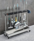 Floor Standing Mop And Broom Organizer Rack With Foldable Hooks Wet Mop Holder Cleaning Tool Cart Heavy Duty Utility Storage