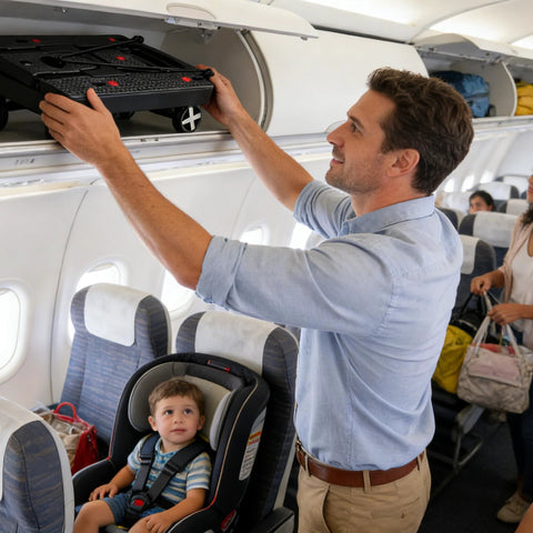 Side view of a man loading a black car-seat travel cart into an airplane overhead bin