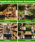 Image of a heavy-duty, collapsible utility wagon in various scenarios: camping, gardening, shopping, and transport, with rugged wheels.