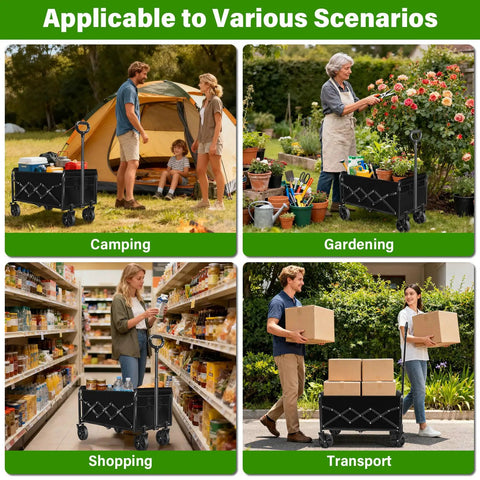 Image of a heavy-duty, collapsible utility wagon in various scenarios: camping, gardening, shopping, and transport, with rugged wheels.