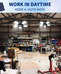 Solar Shed Light With Motion Sensor For Daytime And Night 160 LED Pendant Lights illuminating a garage workshop