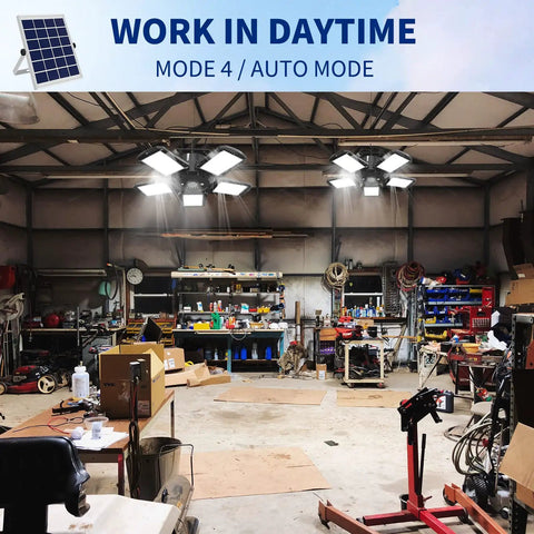 Solar Shed Light With Motion Sensor For Daytime And Night 160 LED Pendant Lights illuminating a garage workshop