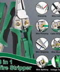 Premium Quality 8 In 1 Electrician Wire Stripper With Digital Voltage Tester For Auto Wiring Home Upgrade showing clamping, cutting, and stripping functions.