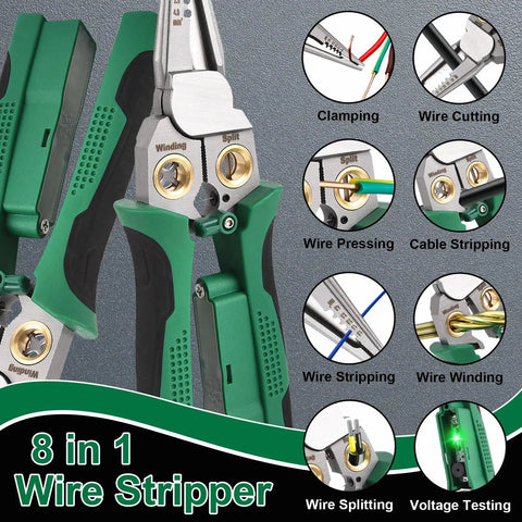 Premium Quality 8 In 1 Electrician Wire Stripper With Digital Voltage Tester For Auto Wiring Home Upgrade showing clamping, cutting, and stripping functions.