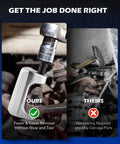 Ball joint separator and puller kit for front-end suspension; silver metal tools shown in split view, left in use, right with hammer.
