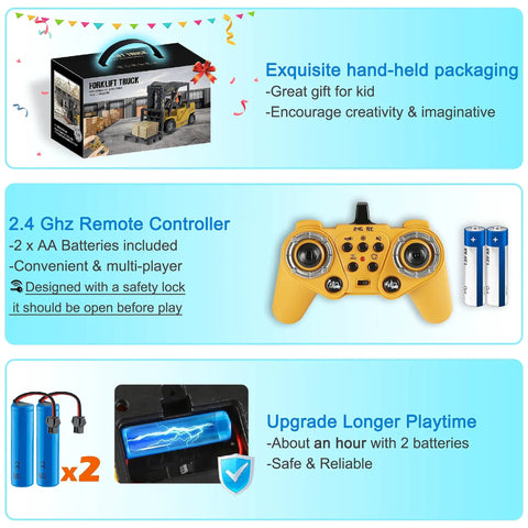 Box, remote, and batteries of 2 In 1 RC Forklift Toy With Transforming Lift And Hook Crane 11 Channel Remote Control Vehicle.