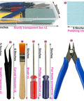 All In One Handy Hobby Model Building Tools Kit With Plastic Case For Beginners showing tools, tweezers, screwdriver, and pliers.