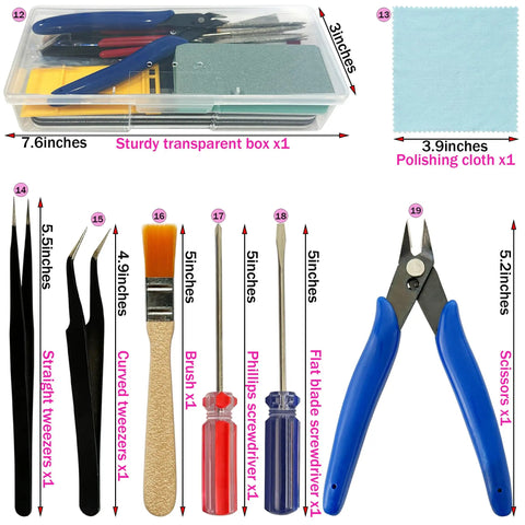 All In One Handy Hobby Model Building Tools Kit With Plastic Case For Beginners showing tools, tweezers, screwdriver, and pliers.