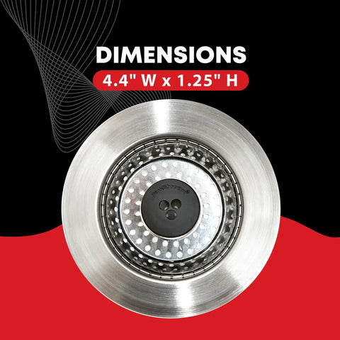 Top view of Revolutionary No Clog Sink Strainer Basket With Stopper In Durable Stainless Steel, dimensions 4.4" W x 1.25" H.