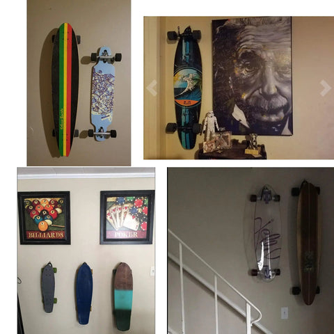 Four Pack Adjustable Skateboard Wall Mount Racks with Hardware Holds Four Boards Vertically for Dope Wall Display and Organization No Board Included Great for Garage Studio or Shop Organization with skateboards displayed in a home interior.