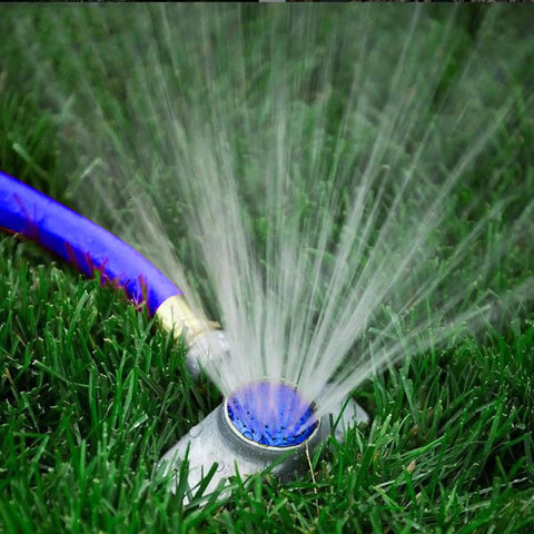 Two Pack 360 Degree Metal Sprinkler With Gentle Water Flow Circle Pattern Lawn Yard Garden Watering For Small Areas Coverage Up To 30 Feet Diameter Durable Alloy Metal Construction Blue installed on grass