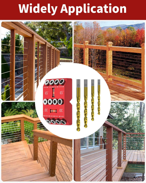 30 45 90 Degree Angle Drill Guide Jig for Hand Drill displayed with wooden handrails and cable railings, includes four drill bits.