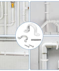 20-pack PVC conduit clamps Φ32 mm; white two-hole plastic pipe clips with screws, shown front, side, and installed views